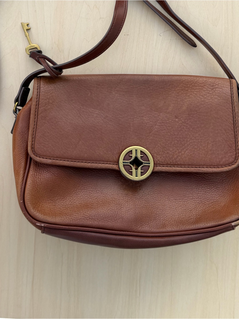 Fossil Chestnut Brown Leather Messenger Crossbody